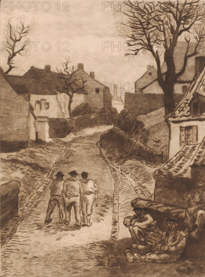 Three men walking on a road in a mining village, print, printmaker: Karl Meunier, after painting by Constantin Emile Meunier, 1892, paper, etching, intaglio printmaking technique, drypoint, plate tone and dry needle, height 300 mm x width 206 mm, public road in village, village, laborers returning home, miner, A sepia-toned etching of a village street lined with houses and bare trees, showing a group of three figures walking away from the viewer along a rutted road, rooftops and chimneys on either side, leafless trees with intricate branches rising above the buildings, hedges and stone walls flanking the path, a figure sitting on a rooftop edge to the right, and two seated figures bundled in heavy clothing near the lower right corner.