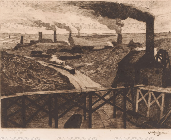 Industrial landscape with viaduct and a passing train, print, printmaker: Karl Meunier, after painting by Constantin Emile Meunier, 1892, paper, etching, intaglio printmaking technique, drypoint, plate tone and drypoint, height 205 mm x width 295 mm, The title of the painting from which the print was made is: 'Au pays noir'. This title refers to the name of the area 'Pays Noir', an industrial area around Charleroi., factory in landscape, railway, train, industries, Charleroi, A sepia-toned etching showing an industrial landscape with a foreground of wooden trestle supports and a shadowed structure, a midground of rolling earth and a steep embankment with a narrow road or path cutting through it, and a background of multiple tall chimneys rising from low buildings, each emitting dark billowing smoke that trails across the sky; the sky is textured with fine hatch marks and the whole scene is rendered in dense linear strokes creating contrasts of light and shadow.
