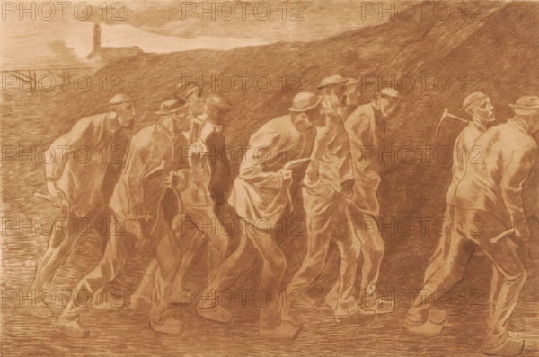 Ten miners on their way to work, print, inscription: '2 em Etat', printmaker: Karl Meunier, after design by Constantin Emile Meunier (attributed to), 1874 - 1894, Attributed to, paper, etching, intaglio printmaking technique, etching with plate tone, height 208 mm x width 299 mm, miner, A monochromatic drawing shows a group of standing figures walking in profile across the foreground, each dressed in loose clothing and hats and holding tools with long handles; the figures are rendered with detailed shading and contoured lines that emphasize folds in their garments and the motion of their legs and arms. The background features a sloping, textured hillside that rises behind the figures, and a distant structure with a tall vertical chimney that emits a plume of smoke, visible against a sky filled with horizontal hatch marks. The ground beneath the figures is indicated with closely spaced horizontal strokes, and the overall image uses tonal variations created by crosshatching and linear sh...