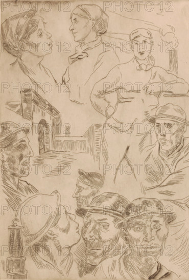 Various figure types from mining, print, inscription: '1er Etat', printmaker: Karl Meunier (signed by artist), 1874 - 1894, paper, etching, intaglio printmaking technique, etching with plate tone, height 298 mm x width 205 mm, human types, mine, miner, A sepia-toned pencil or ink drawing showing multiple loosely sketched human faces and partial figures arranged across the surface. At the top left a profile of a young person looking upward with a headscarf, and nearby a three-quarter profile of a person facing right with hair covered, both rendered with delicate contour lines. Toward the upper right a frontal figure stands with hands on hips and a neutral expression, and a separate male face wearing a brimmed hat appears with a downward gaze. In the middle area an architectural element resembling an arched bridge or gate is drawn with vertical and horizontal hatch marks, and a reclining or leaning figure with folded arms overlaps this section. The lower portion contains several overlapp...