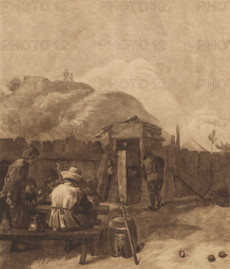 Card players outside at a table with a hill in the background, print, printmaker: Karl Meunier (signed by artist), after painting by Adriaen Brouwer (attributed to), 1874 - 1894, Attributed to, paper, etching, intaglio printmaking technique, etching with plate tone, height 296 mm x width 248 mm, fence, wall, paling, playing-cards, low hill country, A sepia-toned drawing showing a fenced yard with rough wooden planks and a small shelter made of boards and thatch, several figures gathered around a bench and table with one person seated with their back turned wearing a garment with a belt and a wide-brimmed hat nearby, other figures standing or leaning nearby including one figure near the shelter, a wooden bucket with a pole resting against it on the ground, a picket fence running across the middle ground, a distant hill rising behind the fence with two small silhouetted figures standing on its crest, billowing textured clouds or smoke filling the sky above, and three small round objects ...