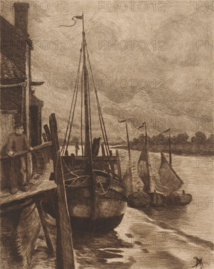 View of boats in the Scheldt near Rupelmonde, print, printmaker: Karl Meunier, 1874 - 1894, paper, etching, drypoint, intaglio printmaking technique, drypoint and plate tone, height 327 mm, width 260 mm, sailing-ship, sailing-boat, landscapes with waters, waterscapes, seascapes (in the temperate zone), Scheldt, Rupelmonde, A waterside scene rendered in fine, crosshatched lines shows a dock with boats moored alongside a wooden pier, a tall mast rising near the center with a small flag at its top, smaller sails and pennants visible on boats farther out, and a calm body of water reflecting the sky. To the left a building with a tiled roof and chimney stands at the edge of the dock, a man leans on a railing near stacked planks and posts, and coiled ropes and boat fittings sit on the deck and in the hull of a foreground vessel. The sky is filled with swirling, textured cloud patterns and a distant tree line runs along the far shore.