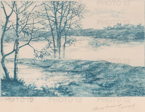 Waterplas in Bourlers, print, inscription: 'Etang à Bourlez', printmaker: Marc Henry Meunier (signed by artist), 1883 - 1913, paper, etching, intaglio printmaking technique, drypoint, plate tone and drypoint in blue, height 245 mm x width 298 mm, water course, Bourlers, A blue-toned line drawing of a lakeside scene showing slender trees with bare branches in the foreground and middle distance, their trunks and branches reflected in calm water, grassy banks and rocks along the shoreline, distant low hills and a treeline across the water, and a sky with light, wispy cloud marks.