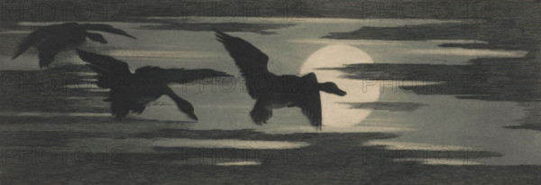 Three ducks migrating past the setting sun, print, printmaker: attributed to Marc Henry Meunier, 1895, Attributed to, paper, etching, intaglio printmaking technique, etching with plate tone in blue-gray, height 164 mm x width 404 mm, sunset, water-birds: duck, A horizontal scene showing three dark silhouettes of birds in flight against a muted, textured background with a large pale circular shape partially obscured by thin horizontal streaks. The birds have spread wings and extended necks, each captured at a slightly different angle, and the background features layered, linear shading and soft contrasts between darker and lighter bands.