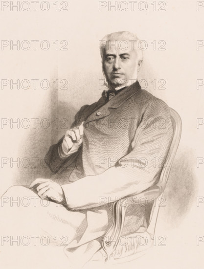 Portrait of André-Napoléon Fontainas, print, printmaker: attributed to Jean-Baptiste Meunier, 1831 - 1900, Attributed to, paper, chine collé, etching, engraving, etching and engraving on chine collé, height 415 mm x width 318 mm, Person, André-Napoléon Fontainas, historical persons, adult man, chair, A seated man rendered in a detailed monochrome drawing, shown from the torso up and turned slightly to his right, with short light hair and sideburns, a calm facial expression, and eyes looking forward; he wears a dark textured jacket over a waistcoat and a high-collared shirt with a tied neckcloth, one hand resting on his chest holding the lapel and the other hand relaxed on his knee, and he sits in an upholstered armchair with a carved wooden arm visible.