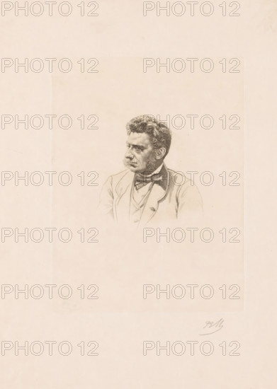 Portrait of Louis Hymans, print, printmaker: Jean-Baptiste Meunier (signed by artist), 1831 - 1900, paper, etching, height 198 mm x width 148 mm, Person, Louis Hymans, historical persons, adult man, A sepia-toned pencil portrait of a man shown from the chest up, facing left with a three-quarter profile, featuring curly hair, pronounced sideburns, and a contemplative facial expression; he wears a jacket over a vest and a bow tie, and the drawing is centered on a large pale rectangular sheet with wide blank margins.