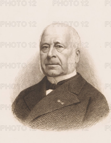 Portrait of Armand Augez, print, inscription: '1e Epreuve d ...', printmaker: Jean Baptiste Pierre Michiels (signed by artist), 1831 - 1890, paper, chine collé, etching, intaglio printmaking technique, etching with plate tone on chine collé, height 300 mm x width 197 mm, Person, Armand Augez, historical persons, A detailed sepia-toned portrait of an older man shown from the chest up, rendered with fine crosshatching lines; he has a high forehead with thinning hair, prominent sideburns, and a solemn facial expression with slightly downturned lips and visible wrinkles around his eyes and brow; he wears a dark coat with a high collar and a light-colored shirt beneath, and the background is plain with subtle textured shading around the figure.