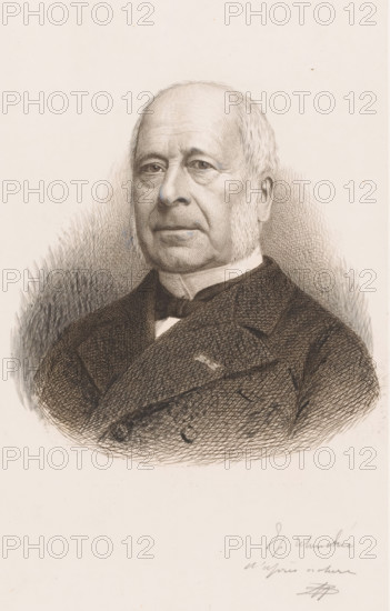 Portrait of Armand Augez, print, inscription: 'Ep retouchée d'apres nature', printmaker: Jean Baptiste Pierre Michiels (signed by artist), 1831 - 1890, Jean Baptiste Pierre Michiels, printmaker, materials by function, paper, chine collé, ink, etching, intaglio printmaking technique, etching with plate tone on chine collé, edited with pen, height 300 mm x width 197 mm, Person, Armand Augez, historical persons, A detailed pencil portrait of an older man shown from the chest up, facing forward with a neutral expression, short hair and distinctive sideburns, wearing a dark formal coat with a high collar and a bow at the neck, finely hatched shading around the head and shoulders creating a textured background against a pale sheet of paper.