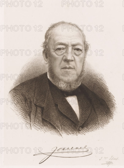 Portrait of an unknown man, possibly Jos Claes, Josclaes, print, inscription: '3me Etat', printmaker: Jean Baptiste Pierre Michiels (signed by artist), 1831 - 1890, paper, chine collé, etching, etching on chine collé, height 240 mm x width 179 mm, Person, Jos Claes, historical persons, beard, A detailed sepia-toned portrait of an older man depicted from the chest upward, showing a round face with a receding hairline and short, wavy hair at the sides, bushy sideburns and a trimmed beard framing his chin, deep-set eyes with visible eyelids and slight bags beneath, pronounced brows, a straight nose, and closed lips forming a neutral expression. He wears a dark formal coat with a high collar and a visible bow tie, rendered with dense crosshatching that creates texture and shading, while the background around his head and shoulders is filled with lighter crosshatched strokes that fade into a plain, pale surrounding.