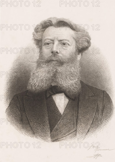 Portrait of August Michiels, print, inscription: '1re Epreuve', printmaker: Jean Baptiste Pierre Michiels (signed by artist), 1831 - 1890, paper, chine collé, etching, etching on chine collé, height 300 mm x width 210 mm, Person, August Michiels, historical persons, adult man, beard, A detailed monochrome portrait of a man from the chest up, rendered with fine line work; he has wavy hair swept back from his forehead and a full, bushy beard that extends from his cheeks down past his chin, blending into a textured mustache; his eyes look slightly to one side and his expression is neutral; he wears a dark suit jacket with a visible lapel over a vest and a high-collared shirt with a bow tie; the background is filled with circular, crosshatched shading that frames the figure.