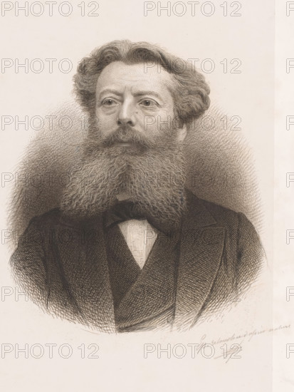 Portrait of August Michiels, print, inscription: 'Ep. retouchee d'apres nature', printmaker: Jean Baptiste Pierre Michiels (signed by artist), 1831 - 1890, Jean Baptiste Pierre Michiels, printmaker, materials by function, paper, chine collé, ink, etching, pen, etching on chine collé, edited with pen, height 300 mm x width 211 mm, Person, August Michiels, historical persons, adult man, beard, A detailed monochrome portrait of a middle-aged man shown from the chest up, featuring wavy hair, prominent bushy sideburns blending into a full beard and mustache, and a contemplative facial expression with visible eyes, nose, and lips; he is dressed in a dark suit jacket with lapels, a vest, and a bow tie, all rendered with fine crosshatching strokes that form a textured halo around his head and shoulders against a light background.