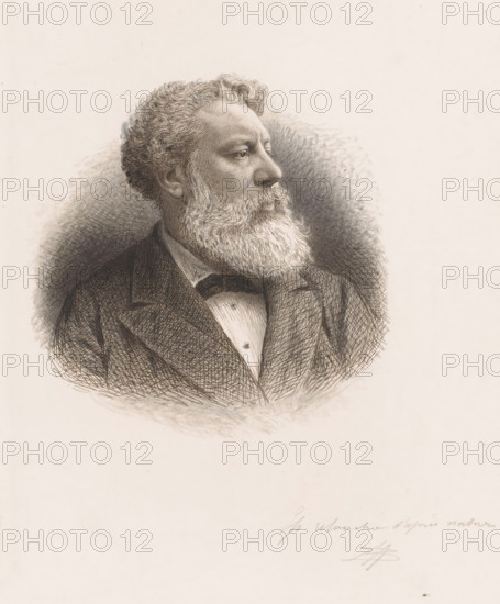 Portrait of Henri François Schaefels, print, inscription: 'Ep. retouchée d'apres nature', printmaker: Jean Baptiste Pierre Michiels (signed by artist), c. 1880, Jean Baptiste Pierre Michiels, printmaker, materials by function, paper, ink, etching, pen, edited with pen, height 240 mm x width 157 mm, Person, Henri François Schaefels, historical persons, adult man, beard, A detailed pencil or charcoal portrait of an older man shown in three-quarter profile facing to the right, with curly hair and a full beard and mustache rendered with fine lines and shading, wearing a collared shirt, bow tie, and a textured jacket, set against a softly shaded circular background that fades into the blank paper.