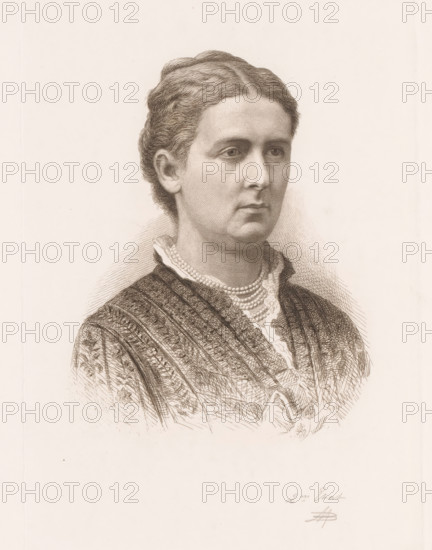Portrait of Maria von Hohenzollern-Sigmaringen, print, inscription: '2m Etat', printmaker: Jean Baptiste Pierre Michiels (signed by artist), 1882, paper, etching, height 230 mm x width 159 mm, Person, Maria van Hohenzollern-Sigmaringen (Countess of Flanders), historical persons, adult woman, pearl, pearl necklace, A sepia-toned engraved portrait of a woman shown from the shoulders up, facing slightly to the viewer's right, with hair pulled back and waved, a composed facial expression, detailed shading on the face and neck, a high lace collar visible at the throat, a layered pearl necklace, and a patterned, textured garment with embroidered motifs and vertical decorative bands.