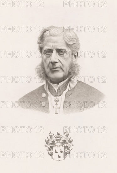 Portrait of Léopold de Wael, print, inscription: 'Epreuve rare avec l'orde du Christ en portugal', printmaker: Jean Baptiste Pierre Michiels (signed by artist), 1831 - 1890, Jean Baptiste Pierre Michiels, printmaker, paper, chine collé, etching, etching on chine collé, height 297 mm x width 200 mm, Léopold de Wael wears an order insignia with a cross around his neck in this case. On the other states he bears the insignia of the Order of Léopold., Person, Léopold De Wael, historical persons, mayor, burgomaster, armorial bearing, heraldry, adult man, A finely detailed monochrome portrait of a middle-aged man shown from the chest up, with neatly combed hair, prominent sideburns, and a solemn facial expression; he wears a high-collared garment with decorative buttons and a cross-shaped medal hanging at the center, and a star-shaped badge is visible on one side of his jacket; below the portrait is an ornate heraldic crest with flowing mantling and a shield bearing small bird-like figures.