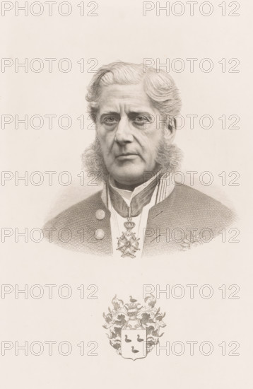 Portrait of Léopold de Wael, print, inscription: '1e Etat', printmaker: Jean Baptiste Pierre Michiels (signed by artist), 1831 - 1890, paper, chine collé, etching, etching on chine collé, height 298 mm x width 200 mm, De Wael wears the badge of the Order of Léopold around his neck., Person, Léopold De Wael, historical persons, mayor, burgomaster, armorial bearing, heraldry, adult man, A detailed monochrome portrait drawing of an older man shown from the shoulders up, with wavy hair swept back and prominent sideburns, wearing a formal coat with decorative buttons and a high collar, a ribboned neck decoration, and a star-shaped medal hanging at the throat; below the portrait a decorative heraldic shield with ornate flourishes and small bird-like figures is depicted.