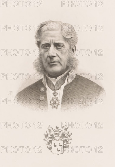 Portrait of Léopold de Wael, print, printmaker: Jean Baptiste Pierre Michiels (signed by artist), 1831 - 1890, paper, chine collé, etching, etching on chine collé, height 296 mm x width 200 mm, De Wael wears the insignia of the Order of Léopold around his neck., Person, Léopold De Wael, historical persons, mayor, burgomaster, armorial bearing, heraldry, adult man, A detailed pencil portrait of a middle-aged man shown from the chest up, with wavy hair combed back and prominent sideburns, a serious facial expression, and a high-collared uniform decorated with ornate medals and buttons, rendered on a light paper background with a decorative coat of arms below the bust.