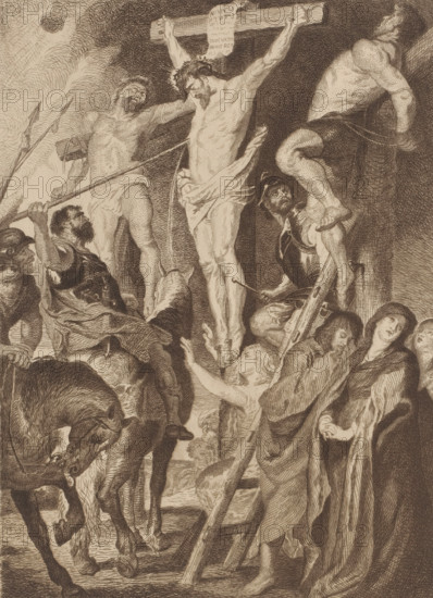Longinus stabs the crucified Christ with a lance, print, inscription: '3me Etat', printmaker: Jean Baptiste Pierre Michiels (signed by artist), after painting by Peter Paul Rubens, 1831 - 1890, paper, chine collé, etching, intaglio printmaking technique, etching with plate tone on chine collé, height 400 mm x width 294 mm, Longinus pierces Christ's side with a lance, crucified Christ with Stephaton and, or Longinus - DD - the three crosses, A detailed sepia-toned etching shows a central male figure suspended on a wooden cross with a cloth around the waist and a crown of thorns on the head, arms outstretched and head bowed; two other crucified figures flank him, one on each side, with their bodies turned and limbs contorted. Around the crosses are several clothed and armored men, some holding spears and one seated on a horse whose head is visible in the lower left; one man in armor appears to be driving a spear or staff, and another figure climbs a ladder propped against a cross. In the...