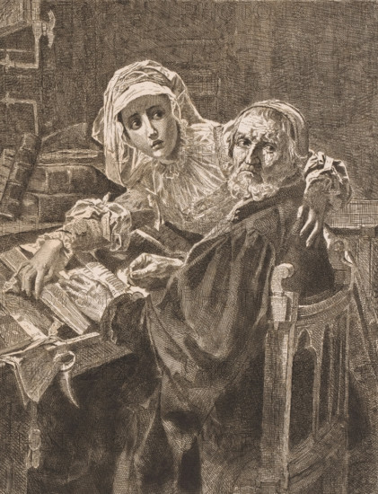 Old man and a woman reading forbidden literature, print, inscription: '1e Etat', printmaker: Jean Baptiste Pierre Michiels (signed by artist), after painting by Karel Ooms, 1876 - 1890, paper, etching, roulette, intaglio printmaking technique, roulette and plate tone, height 399 mm x width 293 mm, adolescent, young woman, maiden, reading, reading the Bible or other religious books, old man, An elderly man with a beard sits in a carved wooden chair wearing a dark robe, his face turned toward the viewer with a furrowed expression, and a younger woman beside him leans close with a head covering and a ruffled collar, her eyes wide and looking outward; both have one arm resting on a cluttered wooden table covered with open books and stacked volumes, and the scene is rendered in dense etched lines with detailed crosshatching and a textured background.