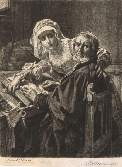 Old man and a woman reading forbidden literature, print, printmaker: Jean Baptiste Pierre Michiels, after painting by Karel Ooms, 1876 - 1890, biological material, parchment (animal material), etching, roulette, intaglio printmaking technique, roulette and plate tone on parchment, height 276 mm x width 201 mm, adolescent, young woman, maiden, reading, reading the Bible or other religious books, old man, An older man with a beard sits in a carved wooden chair, wearing a dark robe and a head covering, his face turned toward the viewer with a furrowed expression while a young woman beside him leans in over his shoulder, wearing a light headdress and a ruffled collar, her gaze directed outward and her hand resting on an open book on a cluttered desk that holds papers, another book, and a small set of objects, all rendered in dense crosshatched lines against a dark textured background.