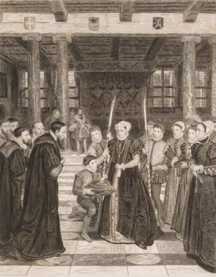 Margaretha van Parma hands over the city keys to the Antwerp magistrates in the city hall, print, inscription: '1e Etat retouchée d'apres la peinture', printmaker: Jean Baptiste Pierre Michiels (signed by artist), after painting by Henri Leys (baron), c. 1863 - 1890, Jean Baptiste Pierre Michiels, Henri Leys (baron), printmaker, after painting by, paper, pencil, etching, intaglio printmaking technique, etching with plate tone, worked with pencil, proof print, height 399 mm x width 295 mm, The print was made after the murals by Henri Leys in the City Hall of Antwerp. A later state of the plate is used in: Leys, Henri. The Leys Hall at Antwerp City Hall: seven copper cuts after the murals by Baron H. Leys. Antwerp: Museum Plantin-Moretus, 1902., Person, Regent of the Netherlands Margaret of Parma, town hall, key, interior, representation of a building, A detailed engraving of a grand interior shows a group of people gathered beneath a timbered ceiling with visible beams and carved shield...