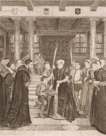 Margaretha van Parma hands over the city keys to the Antwerp magistrates in the city hall, print, inscription: '2nd State', printmaker: Jean Baptiste Pierre Michiels (signed by artist), after painting by Henri Leys (baron), after 1863 - 1890, paper, chine collé, etching, intaglio printmaking technique, etching with plate tone on chine collé, height 380 mm x width 294 mm, The print was made after the murals by Henri Leys in the City Hall of Antwerp. A later state of the plate was used in: Leys, Henri. The Leys Hall at the City Hall of Antwerp: seven copper cuts after the murals by Baron H. Leys. Antwerp: Museum Plantin-Moretus, 1902., Person, Regent of the Netherlands Margaret of Parma, town hall, key, interior, representation of a building, A sepia-toned engraving shows a large interior with high beamed ceiling and tall columns, patterned windows along the back walls, and a raised area with carved canopy and draped fabric. In the foreground, a group of formally dressed figures stand an...