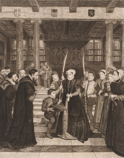 Margaretha van Parma hands over the city keys to the Antwerp magistrates in the city hall, print, inscription: '4th State', printmaker: Jean Baptiste Pierre Michiels (signed by artist), after painting by Henri Leys (baron), after 1863 - 1890, paper, chine collé, etching, intaglio printmaking technique, etching with plate tone, height 395 mm x width 295 mm, The print was made after the murals by Henri Leys in the City Hall of Antwerp. Print appeared in: Leys, Henri. The Leys Hall at the City Hall of Antwerp: seven copper cuts after the murals by Baron H. Leys. Antwerp: Museum Plantin-Moretus, 1902., Person, Regent of the Netherlands Margaret of Parma, town hall, key, interior, representation of a building, An indoor scene showing a group of people in historical clothing gathered in a large hall with tall columns, a coffered ceiling, and patterned windows; a central woman in a dark gown and head covering stands holding a tall staff while a kneeling youth in fitted clothes offers a shallo...