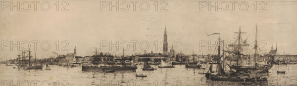 Antwerp seen from the Scheldt, print, printmaker: Robert Mols, Antwerp, 1858 - 1903, paper, etching, intaglio printmaking technique, height 253 mm x width 598 mm, harbour, river, quay, A wide sepia-toned waterfront scene shows a calm body of water in the foreground with multiple sailing vessels and small rowboats, some with furled sails and others with masts and rigging visible; reflections of the boats ripple across the water. The midground features a continuous low-lying shoreline lined with a variety of buildings, including structures with pitched roofs and a few taller spires and towers rising above the rooftops. One prominent tall tower stands near the center of the skyline, with a narrower pointed spire nearby, and additional churchlike towers appear toward the right. The sky is lightly sketched with faint horizontal shading, and the overall image has an aged, textured paper appearance.