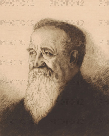 Portrait of an unknown man, print, printmaker: Georges Montenez (signed by artist), after design by Auguste Danse, 1893, paper, etching, drypoint, intaglio printmaking technique, plate tone and drypoint, height 296 mm x width 238 mm, historical persons, adult man, beard, A sepia-toned portrait drawing of an elderly man shown in profile from the shoulders up, featuring a high forehead with thinning hair, deep-set eyes with pronounced brows and eyelids, a long nose, detailed wrinkles around the eyes and forehead, a full flowing beard with textured, wavy strands, a visible ear, and dark shading around the neck and shoulders against a lightly textured background.