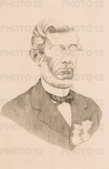 Portrait of an unknown man, possibly Dorzée, print, inscription: '1e état, Mons 7x em 1897', printmaker: Georges Montenez (signed by artist), 1897, paper, chine collé, etching, intaglio printmaking technique, etching with plate tone on chine collé, height 293 mm x width 199 mm, In the inventory entitled: Portrait of the mayor Dorzée., historical persons, adult man, beard, A sepia-toned line drawing of a man shown from the chest up wearing a dark suit jacket and a shirt with a bow tie, his hair is combed back with wavy side locks and he has prominent sideburns and a full beard framing his jaw, his face shows detailed crosshatching emphasizing cheekbones, a long nose, and a serious expression with eyes looking slightly upward, a floral decoration is pinned to his jacket, the background is plain and unadorned.