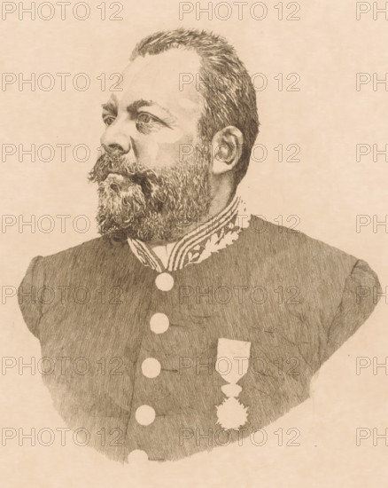 Portrait of Henri Sainctelette, print, inscription: '1er état, Mons 1896 9m', printmaker: Georges Montenez (signed by artist), 1896, paper, etching, height 355 mm x width 249 mm, Person, Henri Sainctelette, historical persons, adult man, beard, A sepia-toned drawing of a bearded man in a formal jacket shown from the chest upward, facing left with a short, neatly trimmed beard and mustache, short combed hair, prominent eyebrows, and a focused gaze; the jacket has a high decorative collar, visible buttons down the front, textured fabric shading, and a medal hanging from the left side.