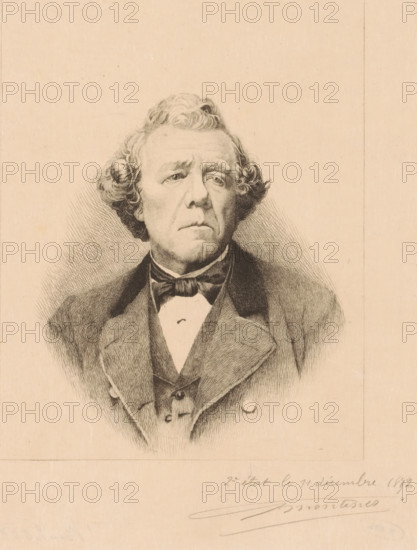 Portrait of an unknown man, print, inscription: 'Portrait d un pasteur protestant anglais', inscription: '2e état le 11 décembre 1892', printmaker: Georges Montenez (signed by artist), 1892, paper, etching, height 260 mm x width 201 mm, historical persons, adult man, A sepia-toned portrait drawing of a middle-aged man shown from the chest up, with wavy hair styled away from his forehead and curling at the sides, a serious expression, slightly downturned mouth, and eyes looking forward. He wears a dark jacket with wide lapels over a vest and a collared shirt, and a bow tied at his neck. Fine crosshatching and shading define the contours of his face, hair, and clothing, and the portrait is set against a plain background with a faint vertical line near one edge and faint handwriting along the bottom edge of the page.