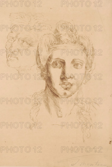 Two female heads, Negress after Michelangelo (former title), print, inscription: '1e etat, 2 epreuve', printmaker: Georges Montenez (signed by artist), after design by Michelangelo, 1883 - 1913, paper, etching, intaglio printmaking technique, etching with plate tone, height 278 mm x width 200 mm, adult woman, head (human), A sepia-toned pencil sketch of two classical-style faces on textured paper, one large frontal three-quarter portrait of a youthful face with braided hair and a headband, detailed eyes, nose, and lips, and a smaller profile sketch of an older face with pronounced features positioned behind and to the left, with visible pencil shading and linework and faint additional sketch marks and smudges on the surrounding paper.