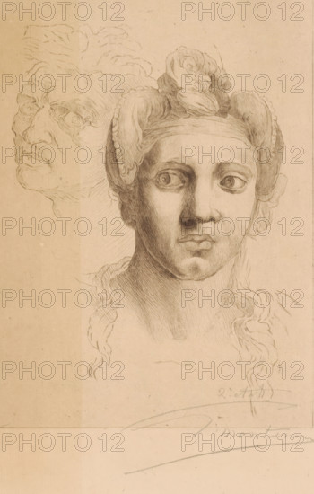 Two female heads, Negress after Michelangelo (former title), print, inscription: '2e etat, 2 épreuve', printmaker: Georges Montenez (signed by artist), after design by Michelangelo, 1883 - 1913, paper, etching, intaglio printmaking technique, etching with plate tone, height 274 mm x width 200 mm, adult woman, head (human), A sepia-toned pencil drawing of a head and shoulders study showing a front-facing young person with large eyes, full lips, and a contemplative expression, wearing a headdress with rounded side elements and a central knot; detailed shading defines the facial planes and neck, and wavy hair strands fall to the shoulders. To the left and slightly behind the main head is a lightly sketched profile of an older face with prominent features and a different hairstyle. The paper shows faint creases and smudges and a pencil curve and flourish near the lower area.