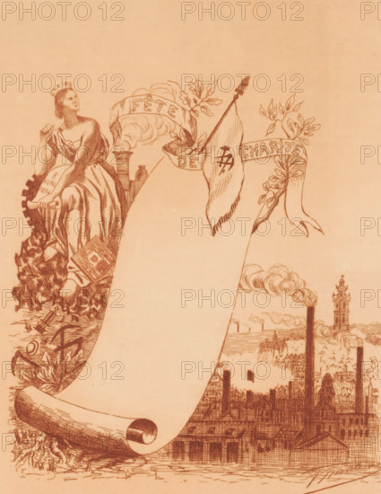 Invitation to a charity ball, print, invitation, On the left, a personification of the proposed city with a coat of arms at the feet. A compass, pickaxe, and hammer are depicted on the flag in the center. In the lower right, the silhouette of a city with many industrial buildings., printmaker: Georges Montenez, 1894, paper, etching, intaglio printmaking technique, etching with plate tone in reddish-brown, height 277 mm x width 199 mm, factory-building, city-view, and landscape with man-made constructions, personification of a city, town-patron(ess), banner, standard (as symbol of the state, etc.), A sepia-toned illustration shows a seated woman wearing a crown-like headpiece and draped clothing, holding a scroll and sitting on a gear surrounded by foliage and rubble, with a steam-emitting chimney and a small bottle behind her; a flag on a pole with a symbol hangs near leafy branches and a ribbon, and a large blank scroll curves across the center; below and to the right there is an indu...