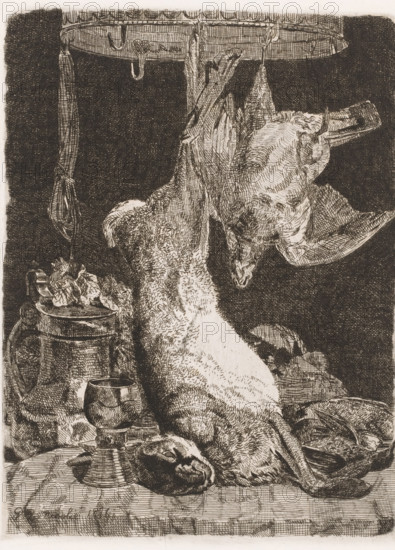 Still life with a hare and partridge at a game crown, print, printmaker: Paul Emile Nicolié, 1876, paper, etching, intaglio printmaking technique, etching with plate tone, height 260 mm x width 197 mm, foodstuffs, still life of foodstuffs, rodents: hare, hunting trophies, walker and runner birds: partridge, A detailed monochrome etching shows a tabletop scene with a large hanging bird suspended from a circular rack above, its wings spread and its head turned to the side, feathers and texture rendered with fine crosshatching; nearby hang other poultry parts and a tied string of something elongated. On the table below are a metal goblet with a rounded bowl on a stem, a lidded tankard with ornate handle and a pile of ruffled cloth or leafy material beside it. A plucked carcass lies draped across the table surface with folds of skin and plumage visible, and smaller pieces of game rest in front of it. The background is dark and densely crosshatched, and the overall composition emphasizes in...