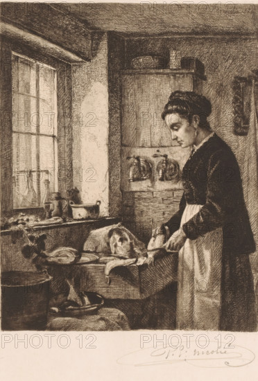 Woman preparing fish in a kitchen, print, mark: 'Antwerpsche Etsers 1880', printmaker: Paul Emile Nicolié, 1876, paper, etching, intaglio printmaking technique, etching with plate tone, height 380 mm x width 282 mm, adult woman, fishes, kitchen-interior, sink (kitchen), A monochrome etching of an interior scene shows a woman standing at a table near a window, wearing a dark dress with a light apron and her hair coiled up, looking down as she works with her hands on an object on the table. The window to her left has multiple panes and a sill holding bottles and a small pitcher, and light falls across the wall beside it. Around the woman are earthenware vessels and bowls on shelves and a counter, a cloth draped over the table, and utensils and foodstuffs arranged nearby. Behind her a cabinet with decorative faucets and a shelf holding plates or dishes is visible, and the room is textured with crosshatched shading and detailed line work throughout.