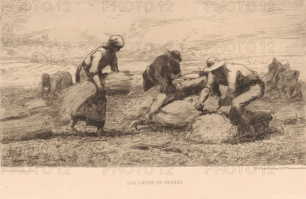 Grain binders, The garlands, Paintings at the Salon of 1878, Salon of 1878, print, watermark, printmaker: Julien Dupré, France, publisher: widow Alfred Cadart, Paris, 1878, paper, etching, drypoint, intaglio printmaking technique, height 197 mm x width 277 mm, agriculture, cattle-breeding, horticulture, flowerculture, A monochrome etching shows figures working in a field, bending and kneeling over bundles of stalks. One figure in the foreground wears a headscarf and a long skirt and holds a sheaf, another nearby wears a wide-brimmed hat and crouches while grasping a bundle, and another leans forward with hands on a tied sheaf. In the background more figures are faintly sketched, some seated beside stacks of harvested material, and distant suggestions of buildings and low hills line the horizon. The sky is filled with short, hatched lines and the ground is rendered with dense crosshatching and textured strokes. The overall scene is composed of detailed linear shading and varied hatchwor...