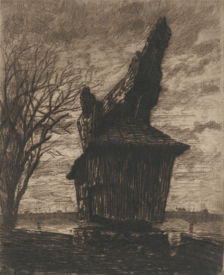 View of the crane on Quai d'Orsay in Paris, Grue du Quai d'Orsay., print, printmaker: Alexis Forel (signed by artist), 1862 - 1913, paper, etching, drypoint, intaglio printmaking technique, drypoint a plate tone in brown, height 246 mm x width 199 mm, city-view in general, 'veduta', dock crane, bridge, Paris, Quai d'Orsay, A textured monochrome drawing showing a tall, dark wooden structure with a steep, irregular roof occupying the right side, a leafless tree with many fine branches to the left, a low stone bridge with arched openings stretching across the middle ground, and a cloudy sky marked by crosshatched shading above.