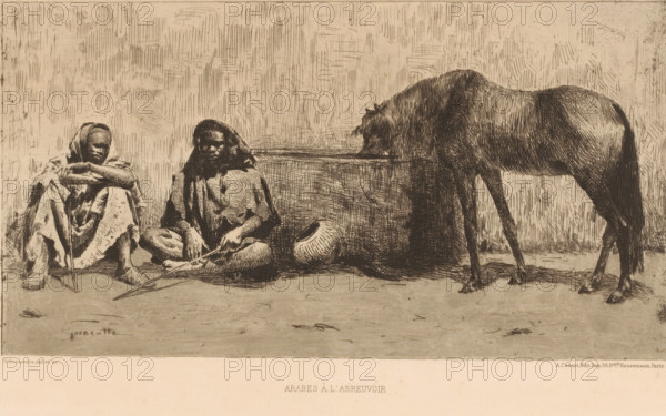 Arabes à l'abreuvoir, Arabs (former title), Two seated men by a trough with a horse, print, Numbered top right: 267., printmaker: Norbert Goeneutte, after drawing by Norbert Goeneutte, publisher: Alfred Cadart, Paris, printer (person): Alfred Cadart, c. 1874, Norbert Goeneutte, Alfred Cadart, printmaker, after drawing by, publisher, printer (person), paper, etching, intaglio printmaking technique, height 174 mm x width 271 mm, A painting with the same composition was produced by Goeneutte in Tangier., horse, sitting on the ground, trough, A sepia-toned etching shows two seated figures wrapped in draped garments and head coverings positioned on the left, one sitting with arms crossed over knees and the other seated cross-legged holding a long stick, with a rounded woven container on the ground beside them; to the right a horse stands with its head lowered toward a rectangular trough, its mane and tail rendered with fine lines and its legs grounded on a flat surface, while the background...