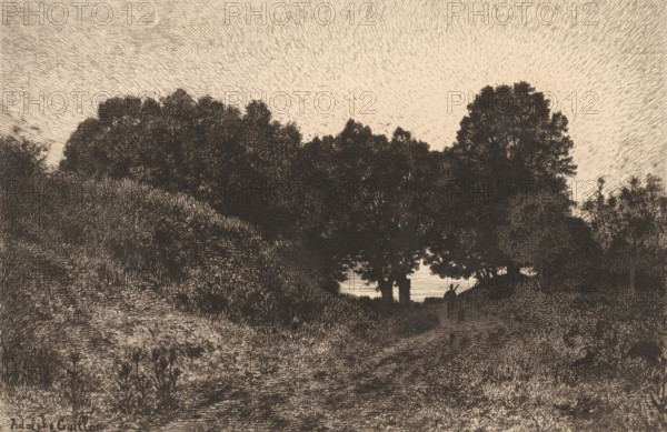 View of a landscape near Vézelay, Un soir à Vezelay, print, Numbered top right: 440., printmaker: Adolphe Guillon, Vézelay, France, publisher: widow Alfred Cadart, Paris, 1878, paper, etching, intaglio printmaking technique, height 237 mm x width 316 mm, forest, wood, hunter, A monochrome landscape showing dense, dark foliage forming a canopy against a lighter sky, with textured shading throughout. A path leads through the center toward a brighter opening at the horizon, flanked by tall trees and thick undergrowth. Two small silhouetted figures stand on the path near the tree line. The sky above is filled with fine, radiating hatch lines and subtle circular shading. The foreground contains grassy and brushy terrain with layered strokes and varied textures.
