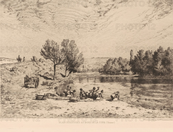Blanchisseuses au bord de la Cure (Yonne), Washerwomen at the Cure, print, Numbered top right: 447., printmaker: Adolphe Guillon, France, publisher: widow Alfred Cadart, Paris, 1875 - 1882, paper, etching, intaglio printmaking technique, drypoint, height 205 mm x width 285 mm, bleaching (laundering), Cure, A sepia-toned landscape showing a riverbank with a group of people gathered at the water’s edge, some bending and reaching toward the water while others sit or kneel among bundles and baskets; a few trees stand near the shore with reflected dark shadows in the water and a dense cluster of trees farther across the river; a dirt path winds along the bank past an empty wooden cart with large wheels and a lone rider and a standing figure visible on the distant ridge; the sky above is filled with textured, finely hatched cloud patterns.