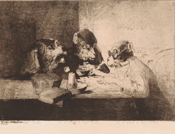 Dressed monkey giving writing lessons to a dog and a monkey, print, Numbered top right: 42., printmaker: Zacharie Noterman, 1830 - 1863, paper, etching, intaglio printmaking technique, drypoint, height 236 mm x width 316 mm, Print appeared in: Jacquemart, Jules-Ferdinand and Théophile Gautier. Société des Aquafortistes. Eaux-fortes modernes originales et inédites. Paris: Cadart & Luquet, 1863, vol. 1., dog, writing accessories, monkeys, apes, handwriting, writing as activity, A monochrome etching shows three anthropomorphic animals gathered around a table. On the left a dog with a dark coat leans forward over the table, its head turned toward the center. In the middle an animal with a lighter face and darker head looks downward with its paws on the table. On the right a seated figure wearing round spectacles and a jacket leans forward with hands resting on the table and head turned toward the center. In the foreground a plate, a bottle with a stopper, and a round loaf or hat sit on the...