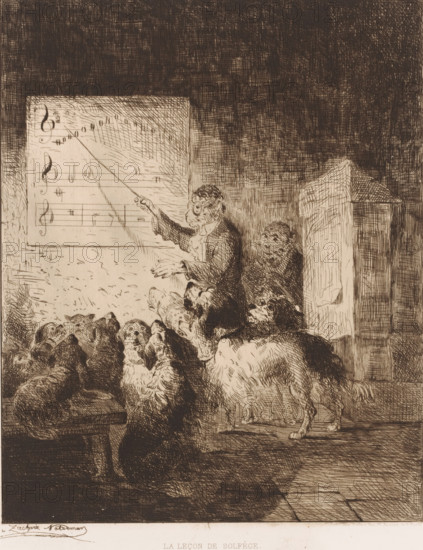 The music theory lesson, Monkey giving music lessons to a class of dogs, La leçon de solfège, print, Numbered top right: 204., printmaker: Zacharie Noterman, printer (person): Auguste Delâtre, Paris, 1830 - 1890, printer (person), paper, etching, intaglio printmaking technique, height 316 mm x width 239 mm, dog, monkeys, apes, musician training pupils, music-lesson, A sepia-toned etching shows an older man wearing spectacles standing beside a large wall-mounted sheet with musical staff lines and symbols, using a long pointer toward the sheet while a smaller seated figure peers nearby; in front of them a group of dogs sits and faces the man, some on a bench and others on the floor, with one dog standing on a raised surface at the right; a tall rectangular structure with a peaked top stands behind the seated figures, and the scene is rendered with dense cross-hatching and varied line textures across the background and floor.