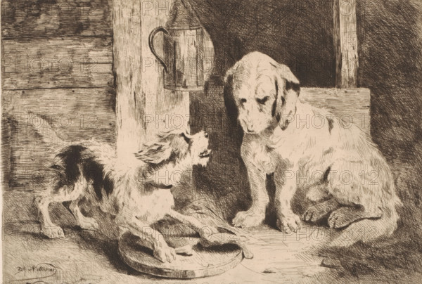 Two dogs by a lantern and a plate of food, print, printmaker: Zacharie Noterman, 1830 - 1890, paper, etching, intaglio printmaking technique, height 180 mm x width 259 mm, dog, lantern, A sketch in muted tones shows two dogs on a wooden floor by a rough plank wall and a dark background; one dog sits with a downward gaze and drooping ears, its body shaded with crosshatching, while the other dog stands with its mouth open toward the seated dog, its fur rendered in lively strokes and its tail raised; a metal pitcher hangs on the wall between them and a shallow dish lies on the floor near the standing dog.