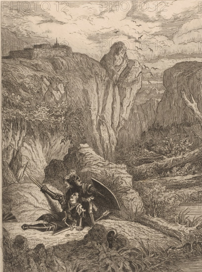 Two knights in armor defending each other in a rocky landscape, print, printmaker: attributed to Auguste Numans, 1833 - 1879, Attributed to, paper, etching, intaglio printmaking technique, drypoint, height 330 mm x width 245 mm, hacking and thrusting weapons: sword, knight, protective weapons: shield, ravine, chasm, abyss, canyon - HH - ideal landscapes, A detailed monochrome etching shows a rugged landscape of steep cliffs and rocky outcrops with textured vegetation and winding paths, clouds and flocks of birds in the sky, a distant cliff-top settlement with a spire visible, and in the foreground two armored figures reclining among rocks, one holding a shield and spear while the other lies with a sword and helmet nearby.