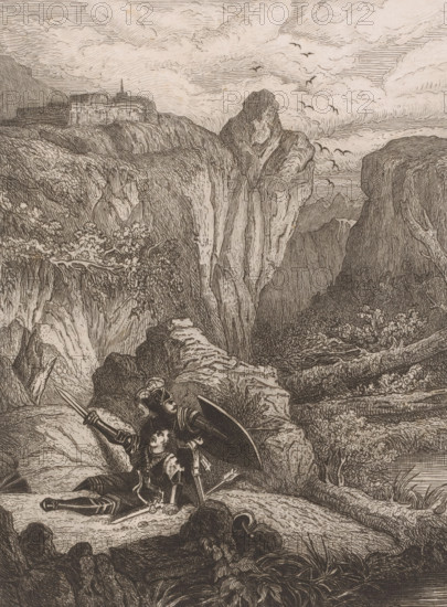Two knights in armor defending each other in a rocky landscape, print, printmaker: attributed to Auguste Numans, 1833 - 1879, Attributed to, paper, chine collé, etching, drypoint, intaglio printmaking technique, height 330 mm x width 245 mm, hacking and thrusting weapons: sword, knight, protective weapons: shield, ravine, chasm, abyss, canyon - HH - ideal landscapes, A detailed monochrome engraving of a rocky coastal landscape with steep cliffs and a distant fort perched on a high plateau beneath a sky filled with layered clouds and flying birds, a large jagged rock formation rising near the center, vegetation clinging to slopes, winding paths and rocky ledges, and in the foreground a fallen armored figure leaning against another kneeling figure holding a shield and a spear, armor pieces and a helmet scattered nearby among grasses and stones.
