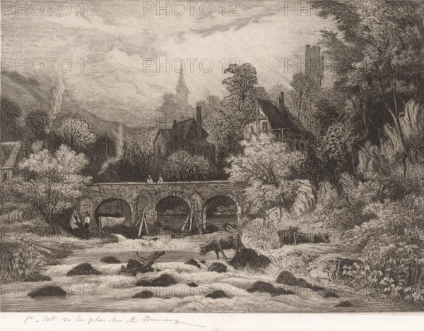 Landscape with village in a mountain valley along a river with bridge, print, inscription: '1e etat de la planche A Numans', printmaker: Auguste Numans (signed by artist), 1833 - 1879, paper, chine collé, etching, intaglio printmaking technique, roulette, height 198 mm x width 275 mm, prospect of village, silhouette of village, bridge in village across river, canal, cow, river (landscape with figures, staffage), A monochrome landscape scene showing a stone arched bridge spanning a flowing river with rocks and rapids in the foreground, a cow standing on a rocky bank near the water, two small human figures standing on the near side of the bridge, and trees and dense foliage flanking both sides; behind the bridge are several houses and cottages partially obscured by trees, a tall church steeple rising in the distance, and a tower visible among the trees, all beneath a textured cloudy sky.