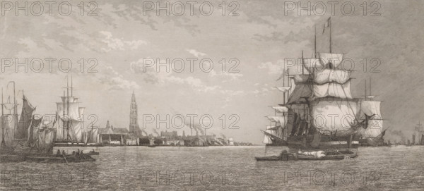 View of Antwerp from the Scheldt, print, printmaker: Auguste Numans, Belgium, after design by Paul Jean Clays, 1833 - 1883, paper, chine collé, etching, height 300 mm x width 537 mm, harbour, river, quay, Antwerp, A wide waterscape showing a harbor with multiple sailing ships and smaller boats; on the right a large multi-masted ship with many furled and billowing sails dominates the scene, with rigging and spars visible, and a small boat alongside it. Toward the left several other tall ships and smaller craft are moored or under sail, their sails in various states of furledness. A town shoreline stretches between the groups of vessels, with low buildings and a tall tower rising above the rooftops. The water in the foreground has fine rippling texture, and the sky above is filled with scattered clouds rendered in soft shading.