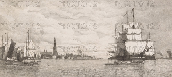 View of Antwerp from the Scheldt, print, Hippert&Linnig 63, printmaker: Auguste Numans (signed by artist), Belgium, after design by Paul Jean Clays, 1833 - 1883, paper, chine collé, etching, height 300 mm x width 537 mm, harbour, river, quay, Antwerp, A wide sepia-toned engraving showing a harbor scene with multiple sailing ships of varying sizes, their masts and unfurled square sails detailed with fine line work, and smaller rowboats on the water with figures aboard. In the foreground, a large fully rigged ship dominates the right side, its sails billowing and rigging visible, while clusters of smaller vessels and boats occupy the left and center foreground. A low waterfront city stretches across the middle distance with a prominent tall tower rising above the other buildings, chimneys and rooftops outlined against the sky. The water shows gently rippling waves rendered with parallel lines, and a sky filled with layered, textured clouds fills the upper portion of the image. Several bi...
