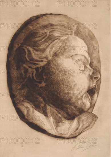Child's head with open mouth, print, annotation: '1er etat', printmaker: Pierre Peeters (signed by artist), after sculpture by Duquesnoy, c. 1875 - in or before 1913, Pierre Peeters, Duquesnoy, printmaker, after sculpture by, paper, etching, drypoint, intaglio printmaking technique, height 318 mm x width 226 mm, A sepia-toned etched portrait of a sleeping infant's head shown in profile with closed eyes and slightly open mouth, detailed crosshatching and line work depicting curly hair, soft facial contours, and rounded cheeks, the head set against an oval shaded background on a plain textured paper surface.